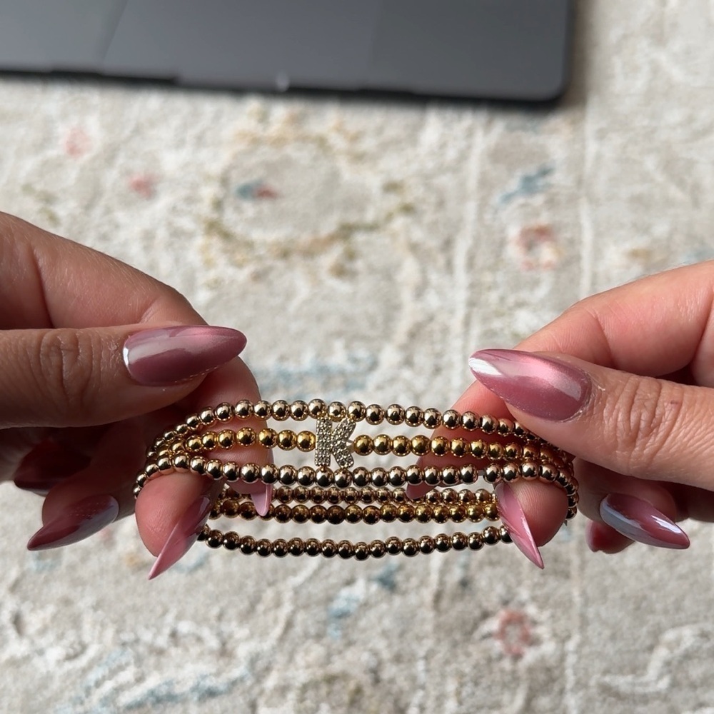 Letter “K” Gold & Silver Tone Metal Round Beaded Stretch Stackable Bracelets